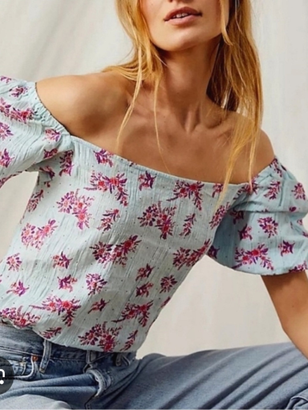 NWT Free People Angela Light Blue Floral Puff-Sleeve Bodysuit size XS/S